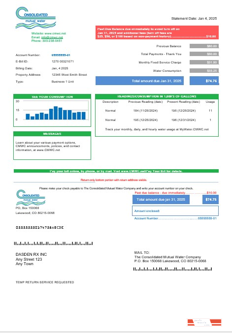 USA Consolidated Mutual Water business utility bill template in Word and PDF formats